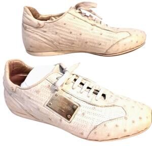 RARE Versace Ostrich Leather Trainers Sz 6.5 White Gold Logo Luxe Glam Sneakers